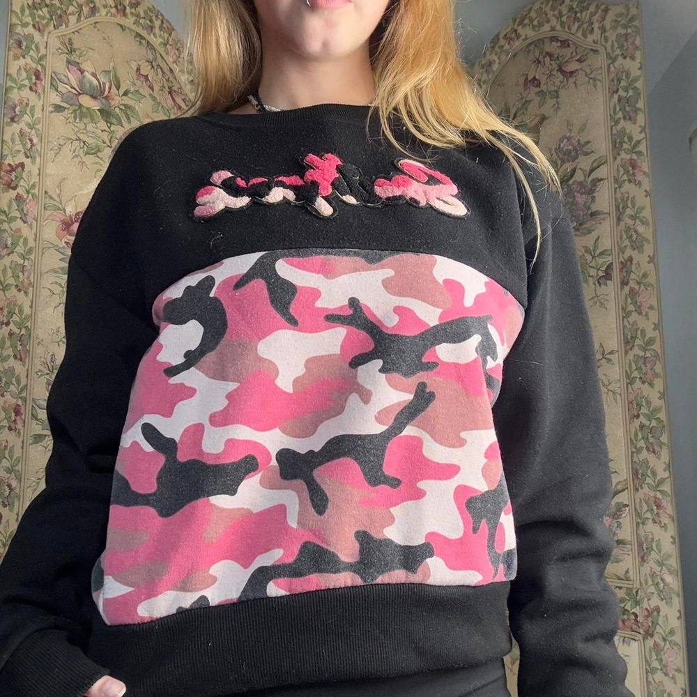 South Pole Pink Camo Crew Neck Sweatshirt Black Distressed Streetwear Pullover